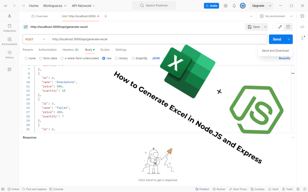 so i am uploading the post on a wordpress app. so now i am doing the featured images . it's a screen shoot of postman. and i want an alt text capitaion and description. Include keyword from the post: node.js, express, file; generate excel. javascript, backend.